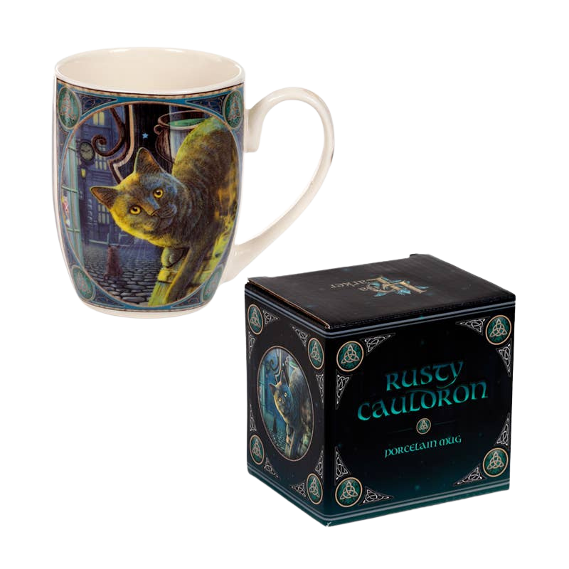 Taza de porcelana de gato y caldero oxidado