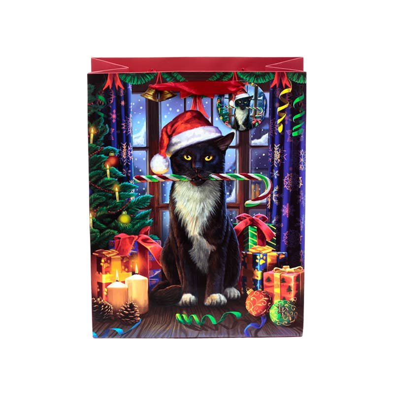 Large cat-pattern Christmas gift bag with tag
