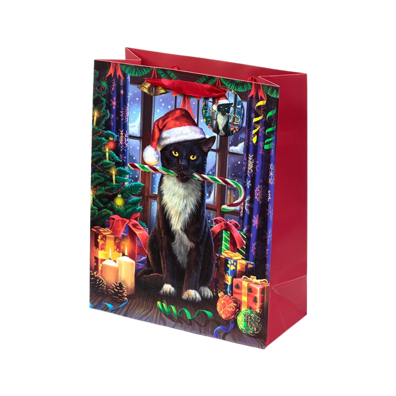 Large cat-pattern Christmas gift bag with tag