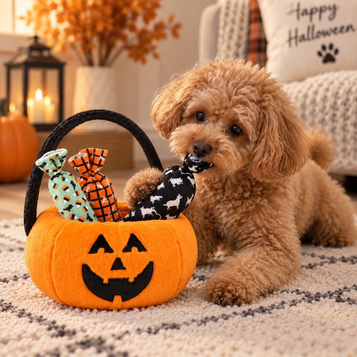 Halloween-Kürbis-Korb mit 3 Hundespielzeugen