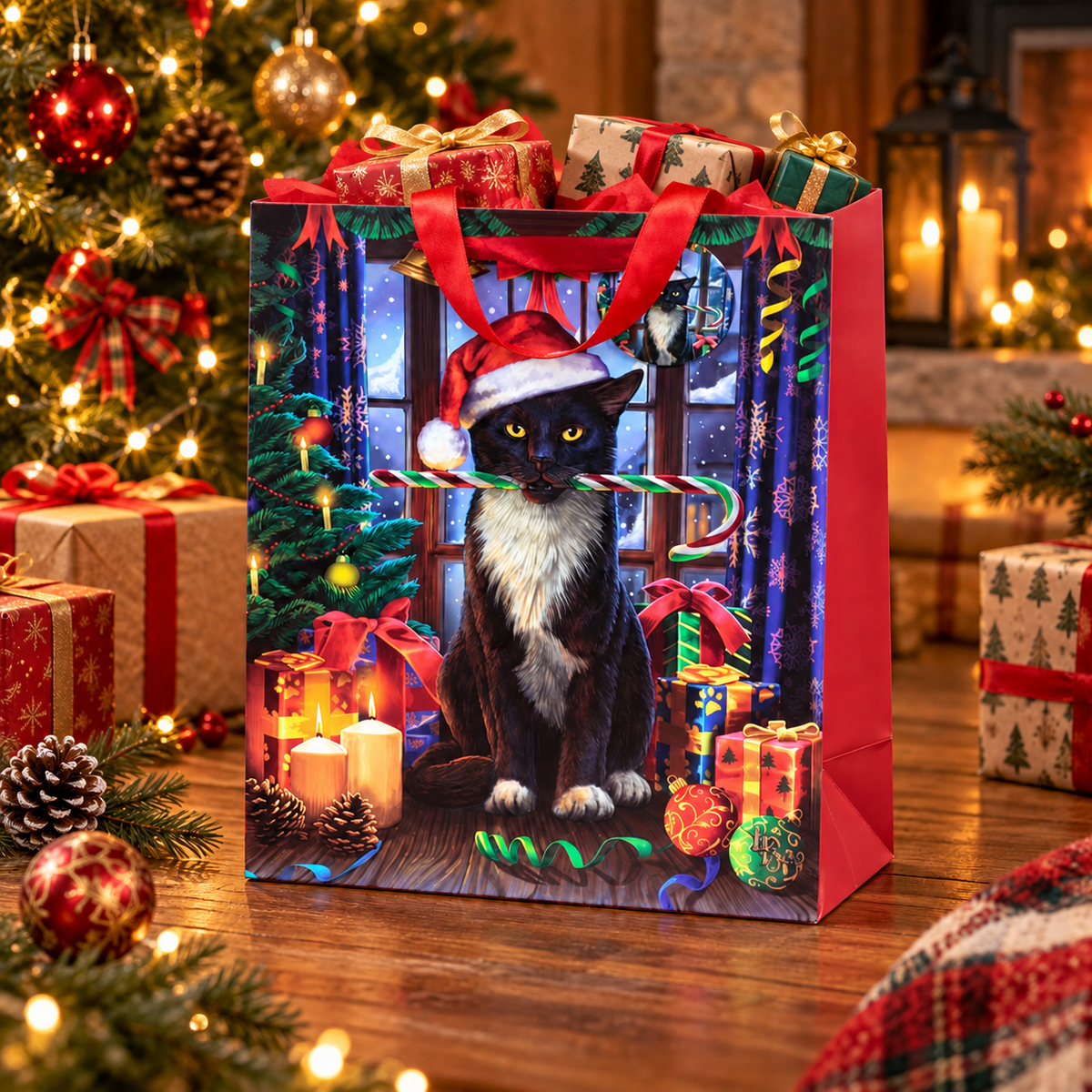 Large cat-pattern Christmas gift bag with tag