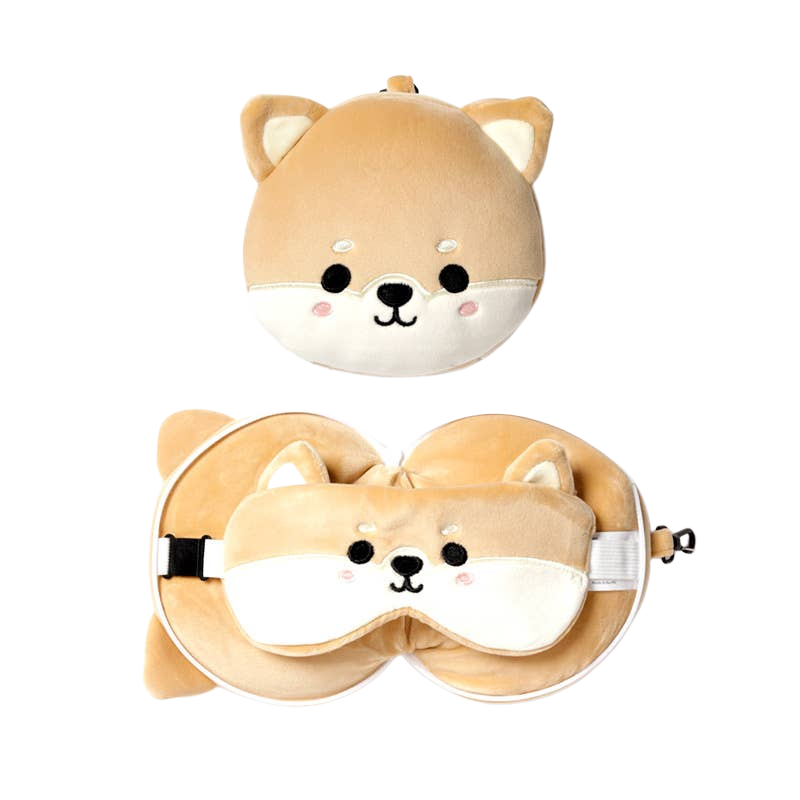 Coussin de voyage 2-en-1 Shiba Inu avec masque