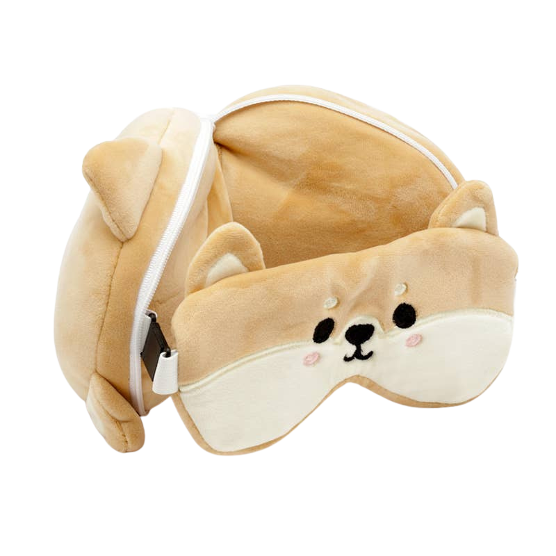 Coussin de voyage 2-en-1 Shiba Inu avec masque