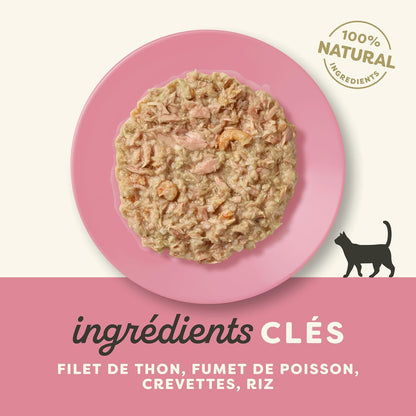 Filete de atum e camarão em caldo para gatos adultos