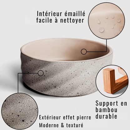 Ciotola doppia in ceramica su supporto in bambù