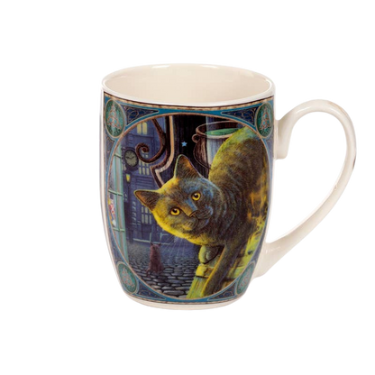 Taza de porcelana de gato y caldero oxidado
