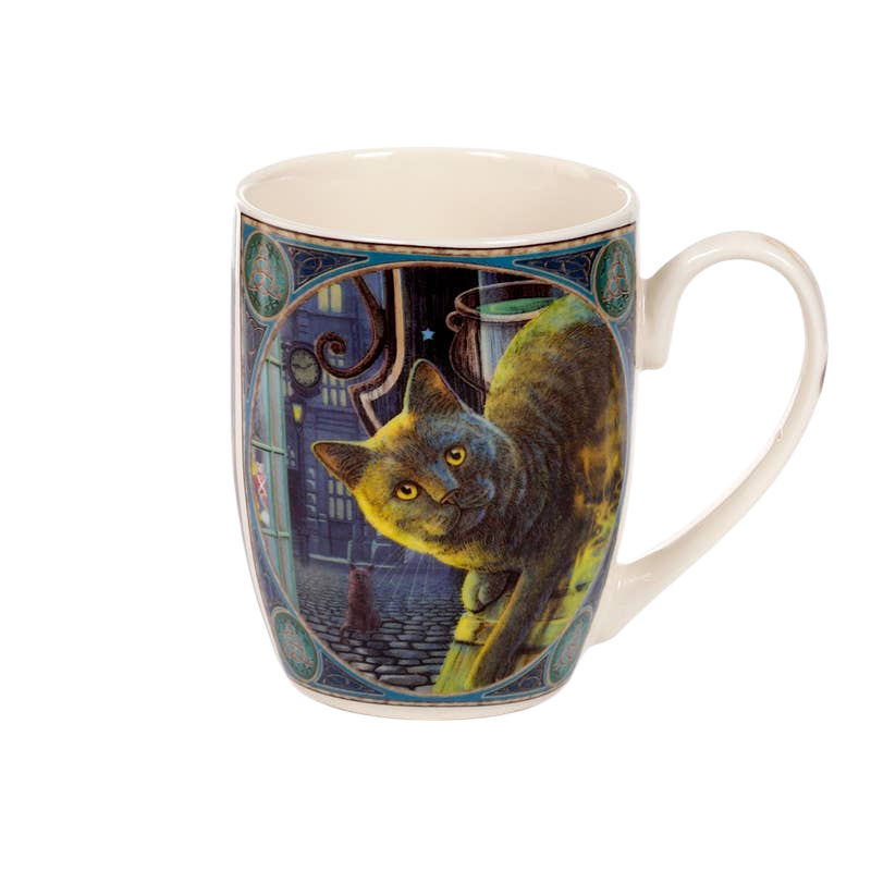Taza de porcelana de gato y caldero oxidado