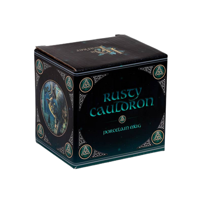 Taza de porcelana de gato y caldero oxidado