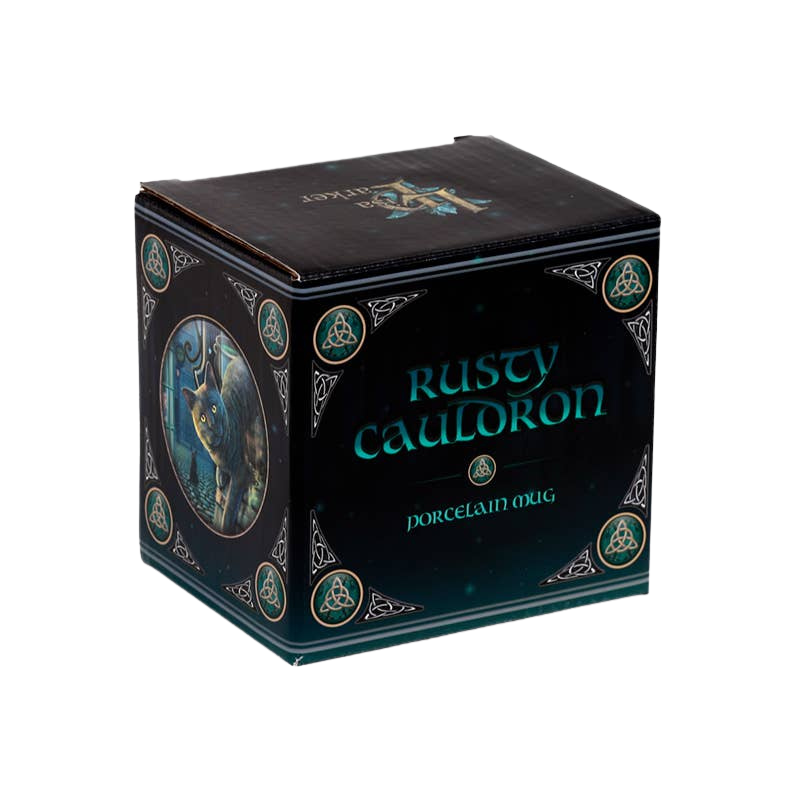 Taza de porcelana de gato y caldero oxidado