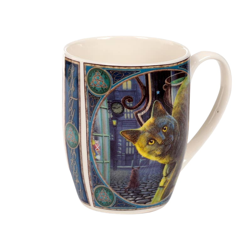 Taza de porcelana de gato y caldero oxidado