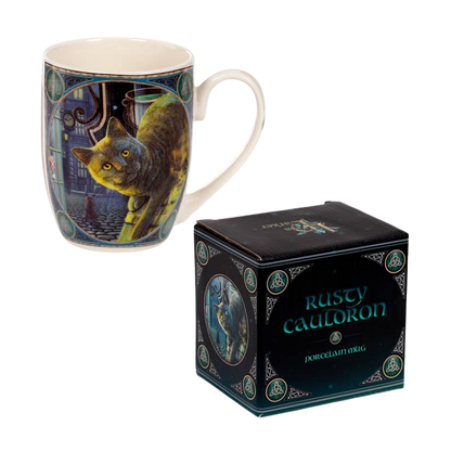 Taza de porcelana de gato y caldero oxidado