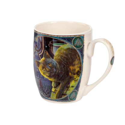 Taza de porcelana de gato y caldero oxidado
