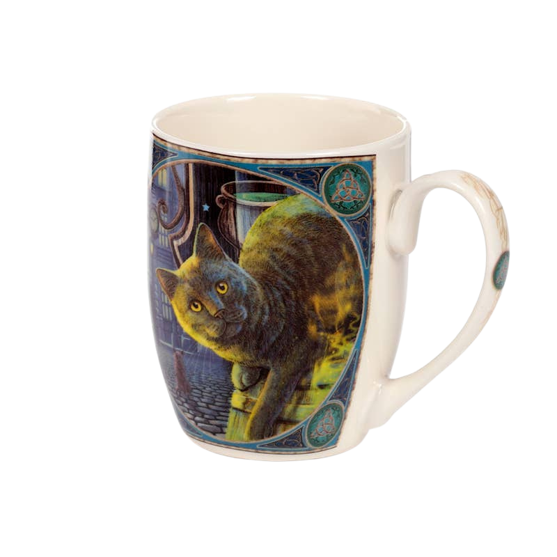 Taza de porcelana de gato y caldero oxidado