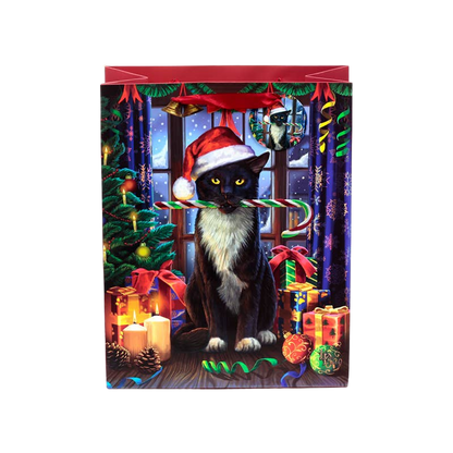 Grande sacco regalo di Natale a tema gatto con etichetta
