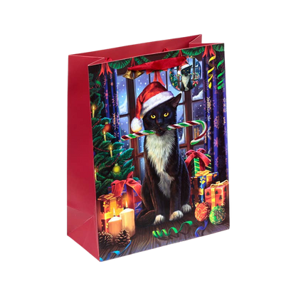 Grande sacco regalo di Natale a tema gatto con etichetta