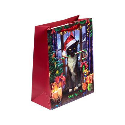 Grande sacco regalo di Natale a tema gatto con etichetta